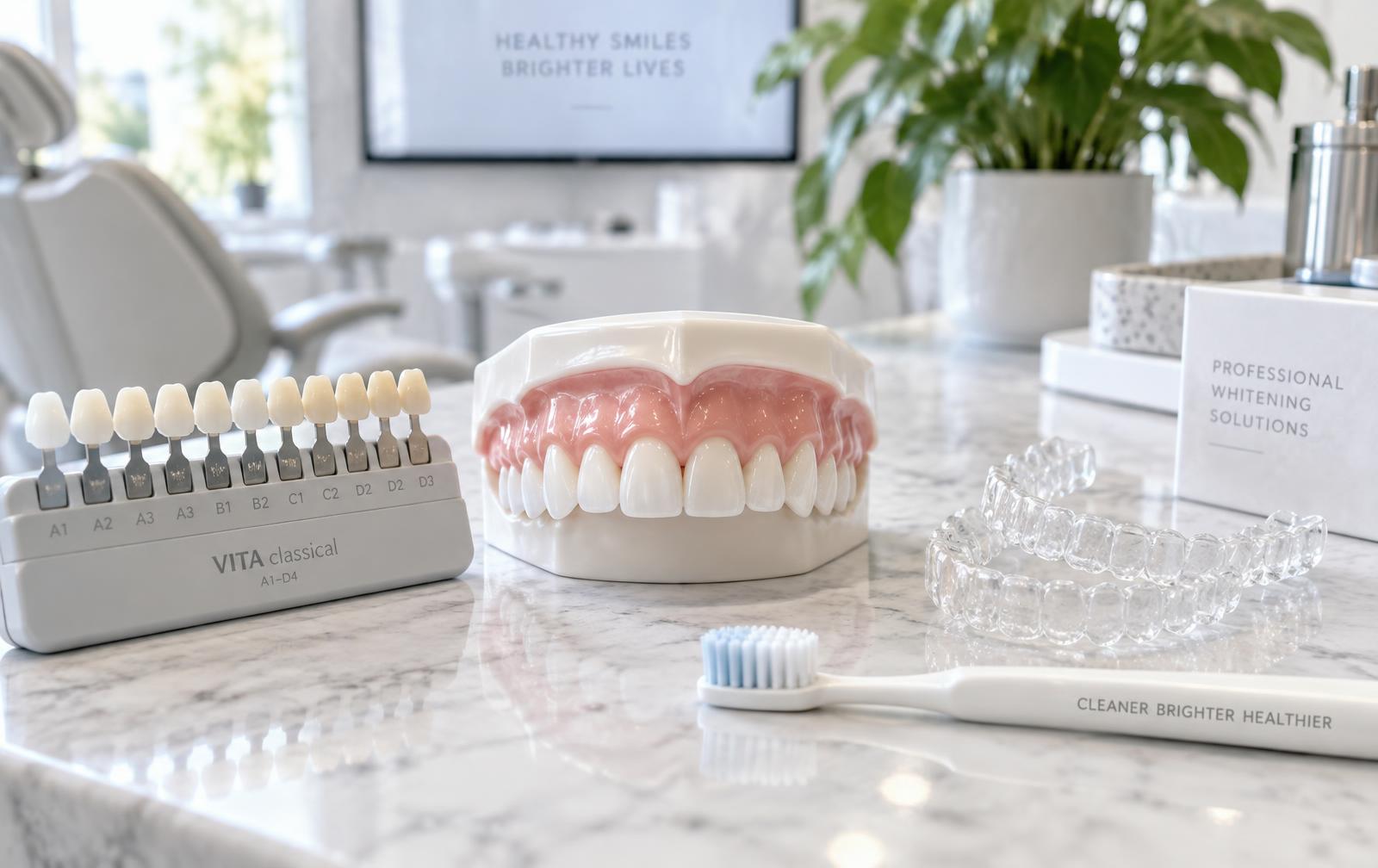 Professionele bleaching en esthetische tandheelkunde: een gebitsmodel, kleurengids en whitening trays in een moderne praktijk