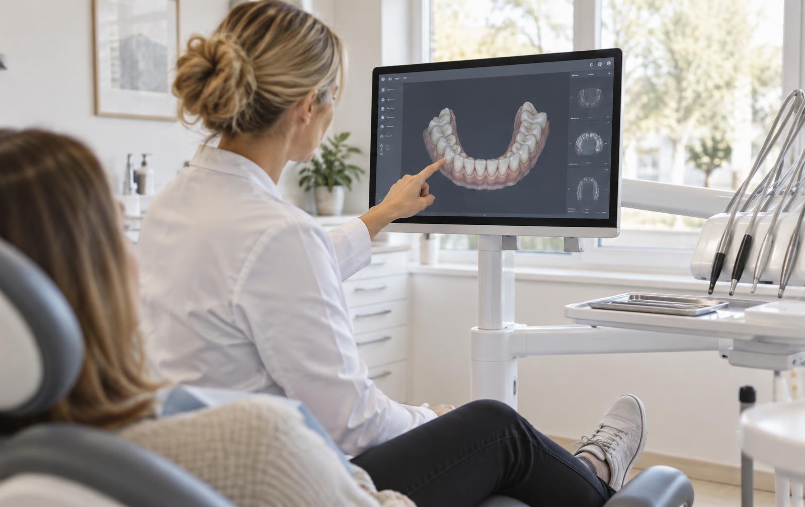Tandarts bespreekt een digitale 3D-scan van het gebit met een patiënt